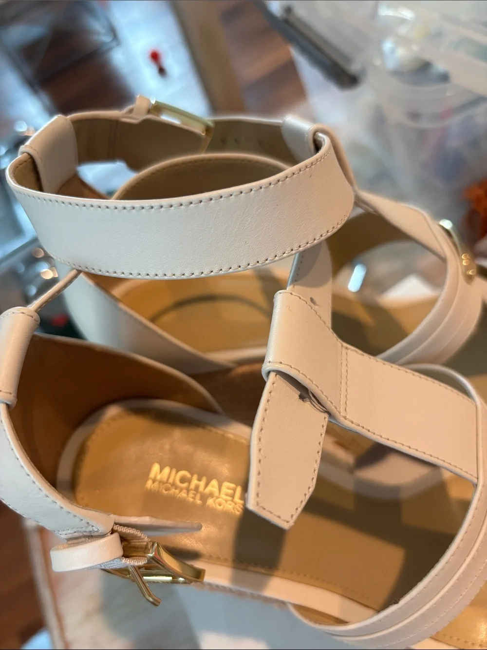 Michael Kors Cream Leather Espadrille Wedge Sandals